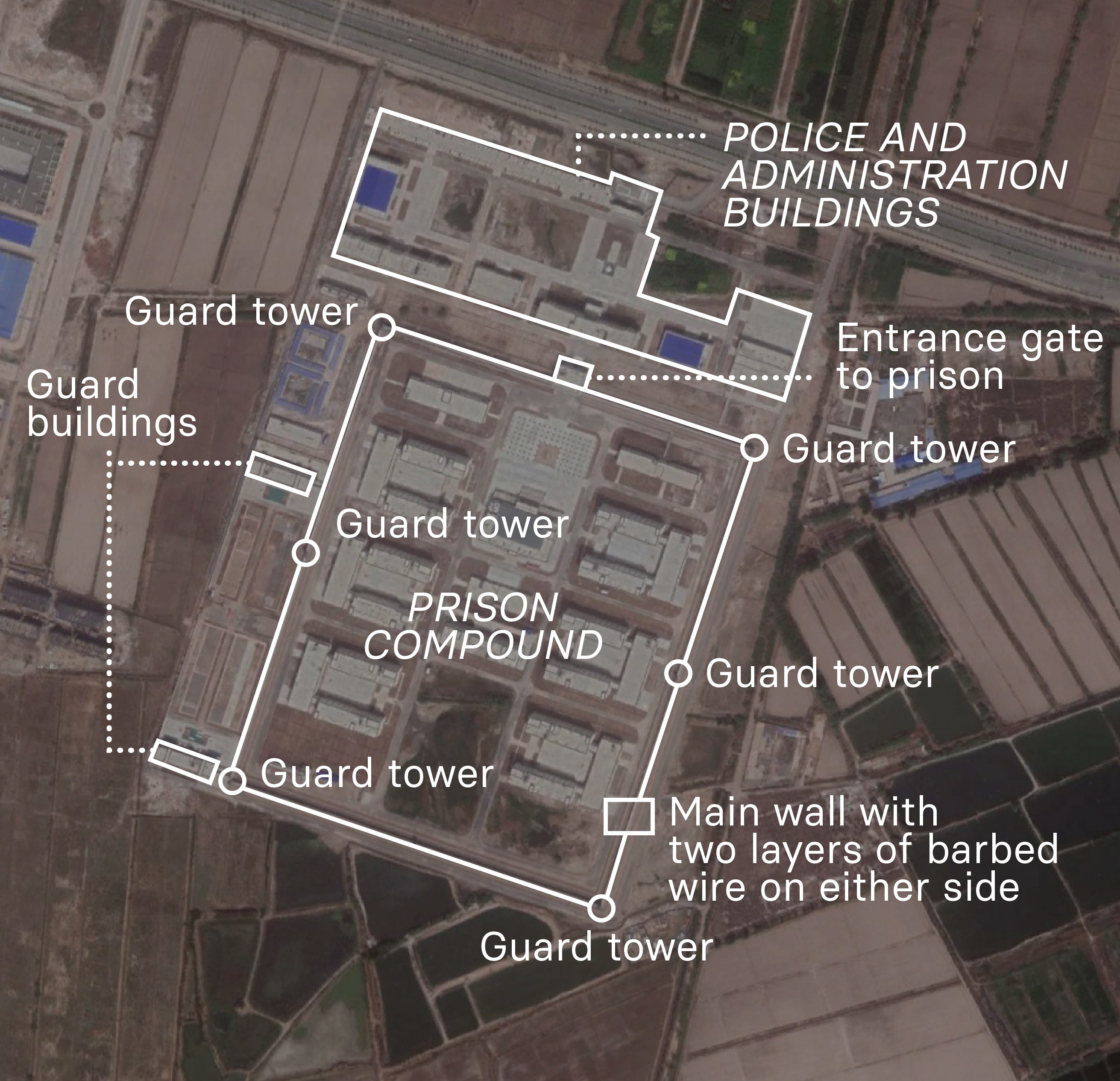 A satellite image is annotated to describe what we know about the camp at Shufu