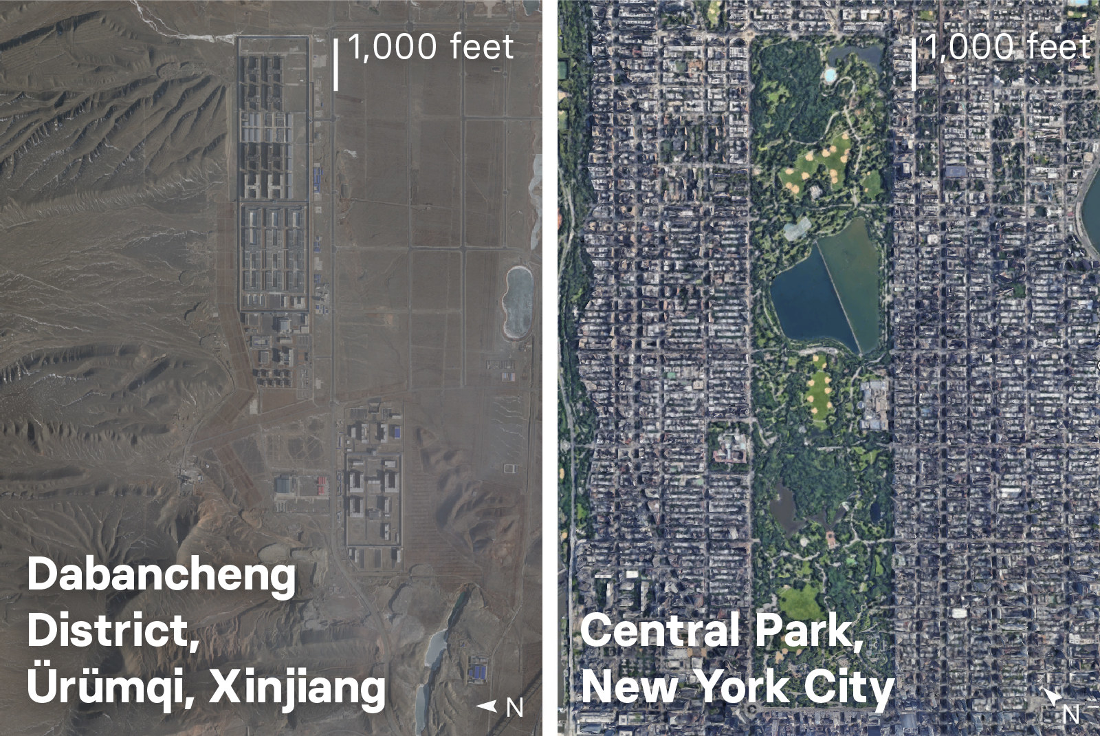One of the facilities in Dabancheng appears to be about half the size of Central Park in New York City